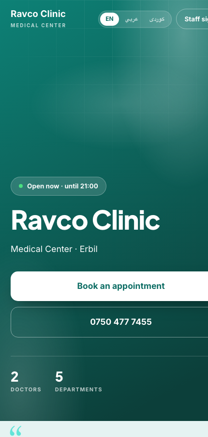 A clinic website on a phone