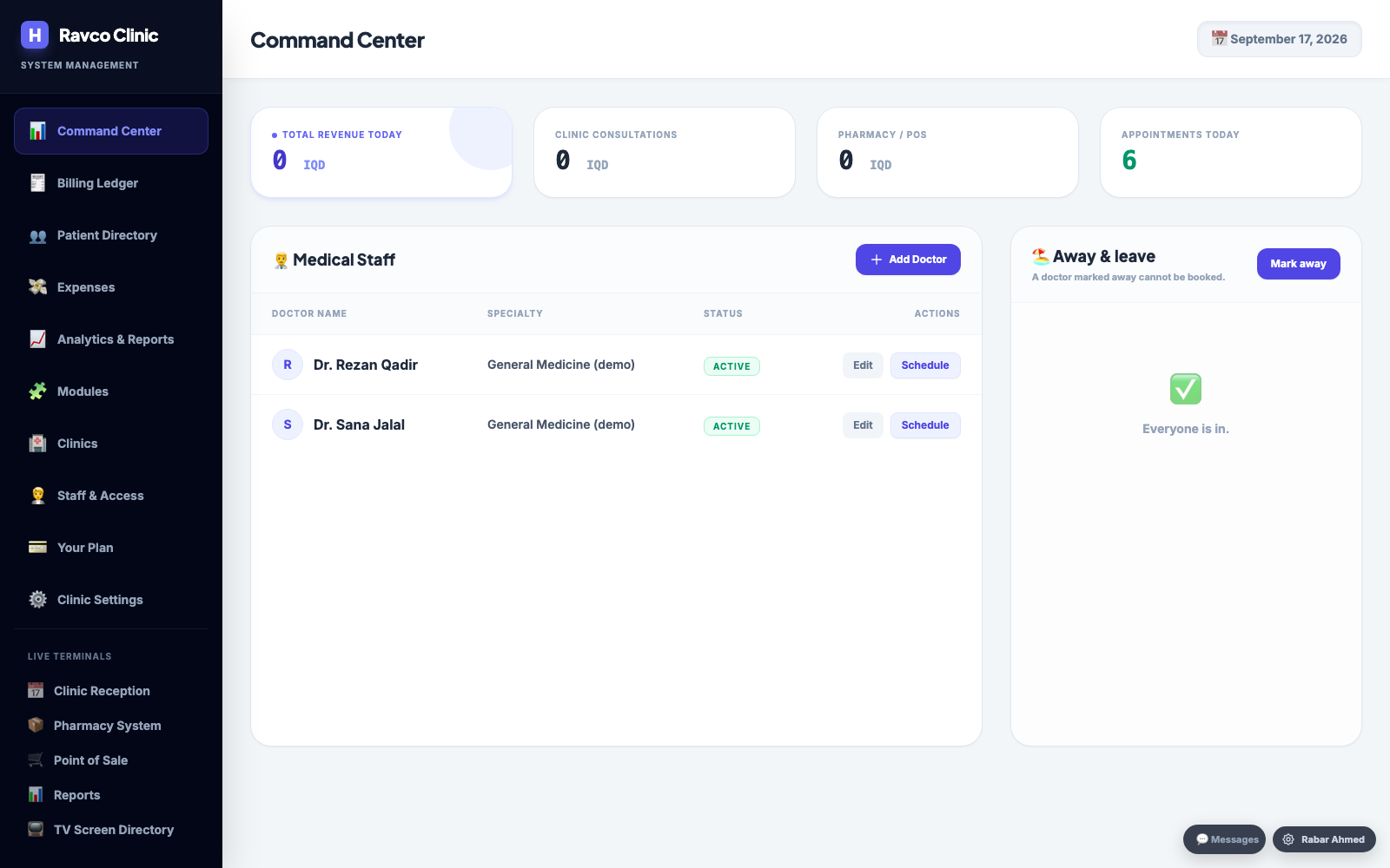 The clinic dashboard
